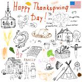 Thanksgiving doodles set. Traditional symbols sketch collection, food, drinks, turkey, pumpkin, corn, wine, wheet, vegetables, idi Stock Photo