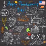 Thanksgiving doodles set. Traditional symbols sketch collection, food, drinks, turkey, pumpkin, corn, wine, vegetables, indians an Stock Images
