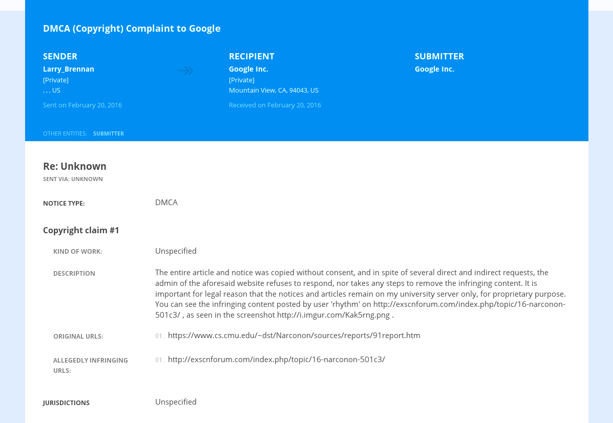 Dmca (copyright) complaint to google :: notices :: lumen own, for