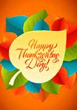 Happy Thanksgiving Calligraphy Greeting Card template on wood background. Vector happy thanksgiving card with autumn Stock Image