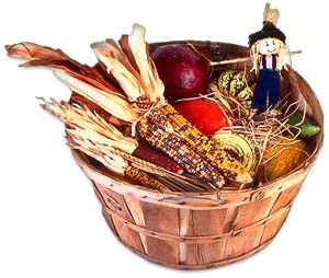 basket of fall fruit and vegetables including harvest corn