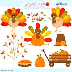 Mr gobble gobble - cute digital clipart - commercial use ok, poultry clipart, poultry graphics, thanksgiving clipart by jw illustrations graphics, illustration, stock image, elements